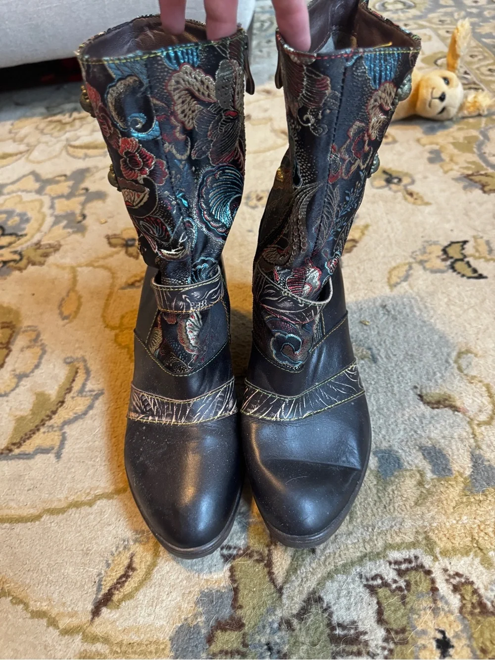 Black Embroidered Ankle Booties with Multicolor Brocade Shaft